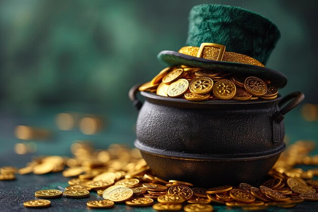 Pottino nero con monete d'oro, ciambelle, cappello di leprechaun, giorno di San Patrizio con spazio per le copie.