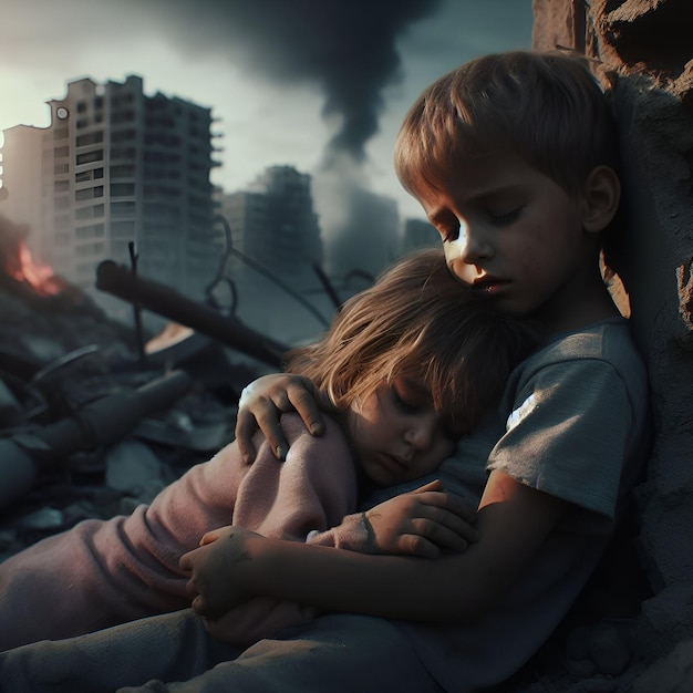 Poveri bambini palestinesi in una città distrutta dopo la guerra