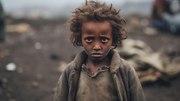 Povero bambino affamato e affamato che guarda la telecamera in Etiopia