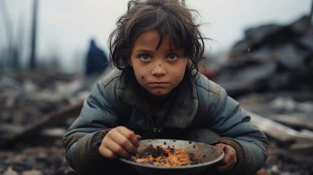 Povero bambino affamato e affamato che guarda la telecamera in mezzo alle rovine della guerra