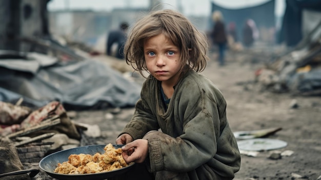 Povero bambino affamato e affamato che guarda la telecamera in mezzo alle rovine della guerra