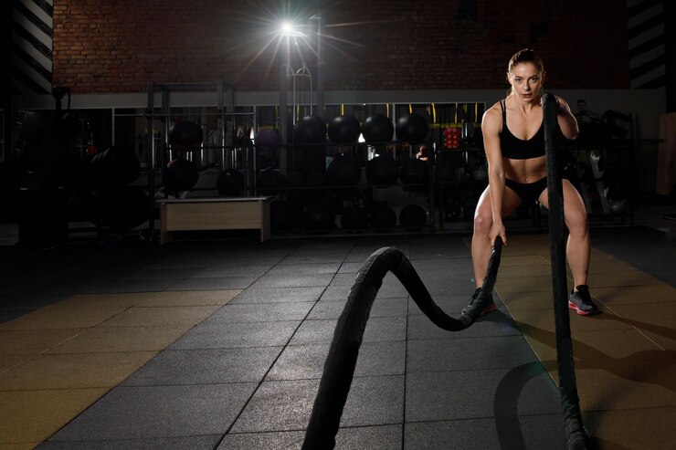 Powerful attractive muscular woman battle rope workout at the gym