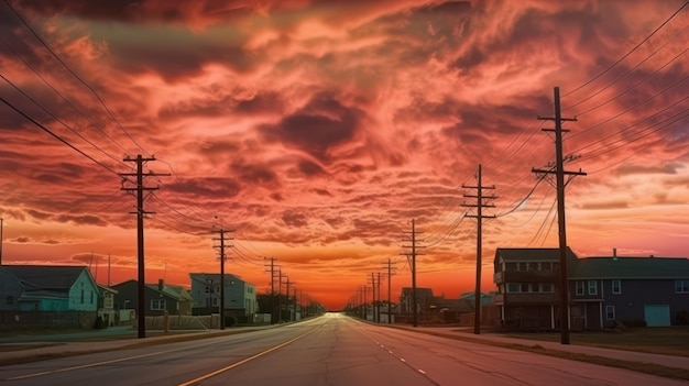 Powerline sulla strada con splendida vista del tramonto dai colori vibranti