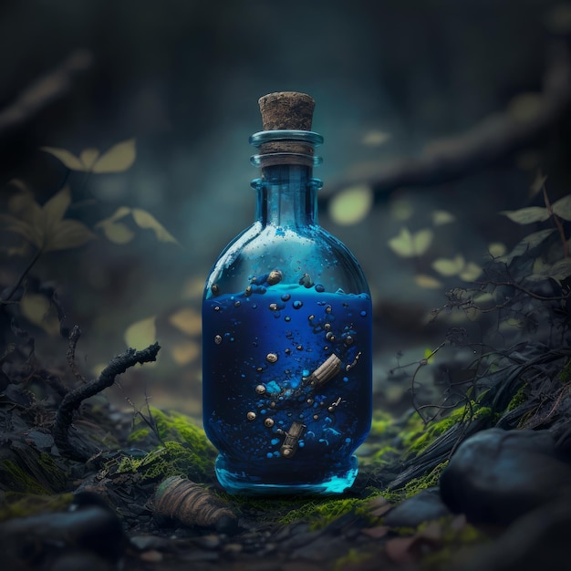 Pozione magica in una bottiglia di vetro nella foresta Sfondo di Halloween IA generativa
