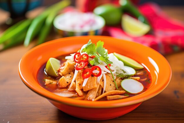 Pozole rojo piccante in primo piano con garnizione di peperoncino