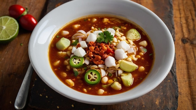 Pozole Una zuppa ricca e saporita fatta con semi di mais secchi, carne di solito di maiale