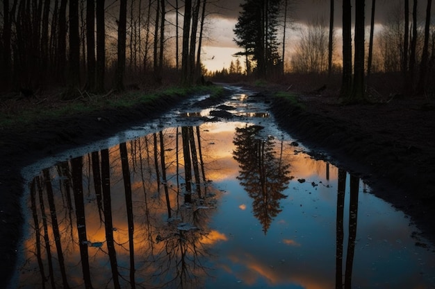 Pozzanghera con riflessi del cielo e alberi su un tranquillo sentiero forestale