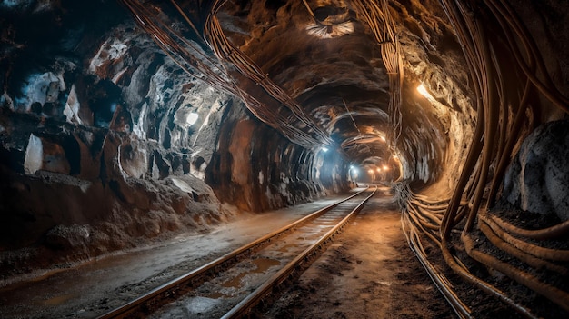 pozzo di miniera scarsamente illuminato con un binario ferroviario che lo attraversa riflettendo il bagliore delle luci montate sulle pareti