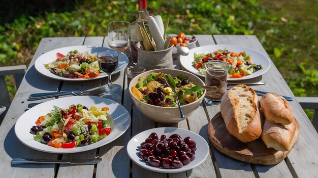 Pranzo all'aperto con insalata, olive e pane.