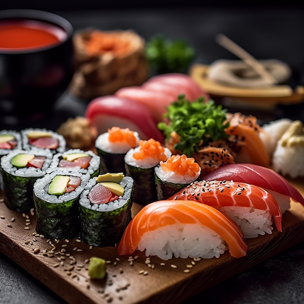 Pranzo cibo delicato pieno di verdure fresche piene di colori gustosi frutti di mare sushi di scampi