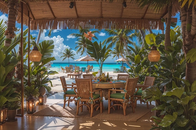 Pranzo in paradiso tropicale Decorazioni Tiki Palme e sapori esotici dell'isola Descrizione dell'oggetto