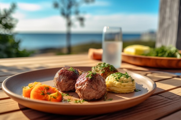 Pranzo in un ristorante una donna mangia polpo arrosto BBQ con patate al forno Piatto in legno AI generativa