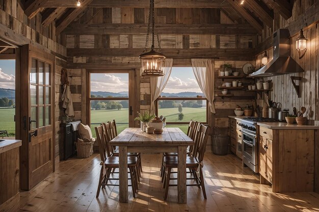 Pranzo rustico in fattoria, travi in legno, vista sulla fattoria e banchetti dalla fattoria alla tavola