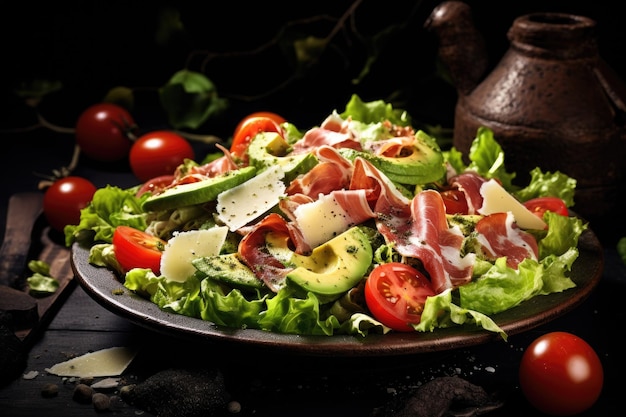 Pranzo sano composto da insalata di avocado, foglie di jamon serrano e pomodori