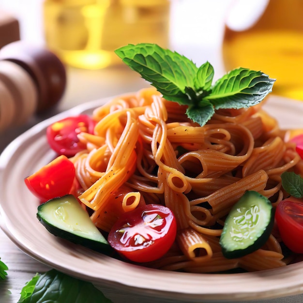 Pranzo sano pasta vegetariana con pomodoro fresco