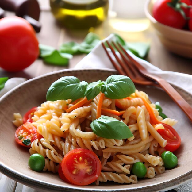 Pranzo sano pasta vegetariana con pomodoro fresco