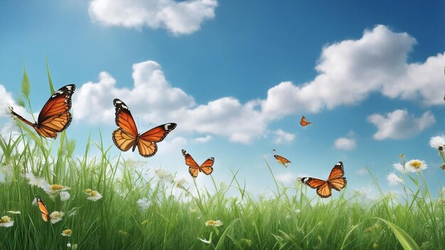 Prati naturali con farfalle sullo sfondo di un cielo blu nuvoloso