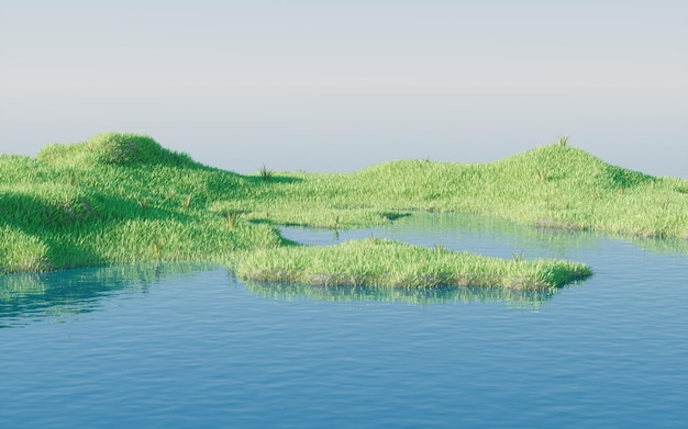 Prati verdi con rendering 3d dei laghi