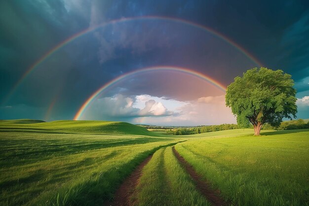 Prati verdi e lussureggianti sotto un arcobaleno