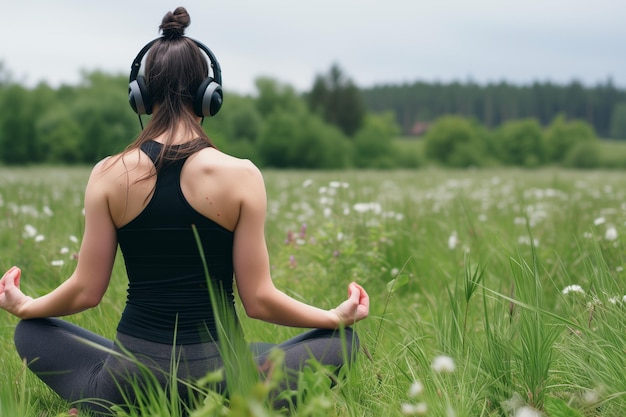 Praticante di yoga in un prato che indossa le cuffie durante una postura