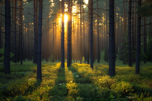 Prato con erba e fiori tra gli alberi nella foresta in primavera