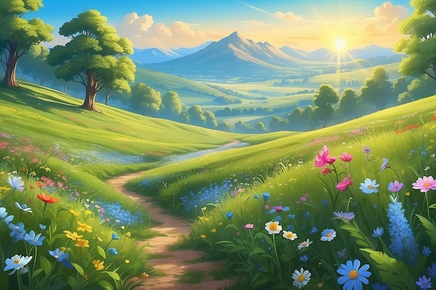 Prato con fiori selvatici cielo blu e luce solare in estate natura paesaggio carta da parati AI generato per libri per bambini storie favole