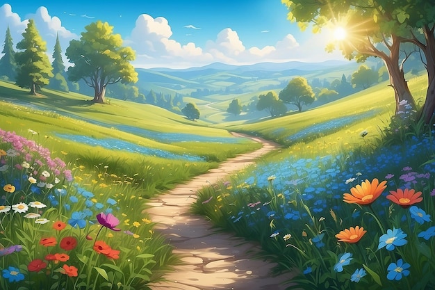 Prato con fiori selvatici cielo blu e luce solare in estate natura paesaggio carta da parati AI generato per libri per bambini storie favole