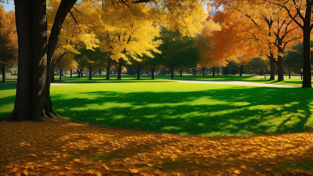 Prato d'autunno nel parco della città ombra calda autunno foglie verdi gialle rosse