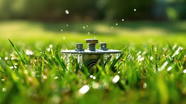 Prato del sistema di irrigazione del giardino Irrigatore automatico del prato inglese che innaffia l'erba verde Fuoco selettivo Generativo Ai