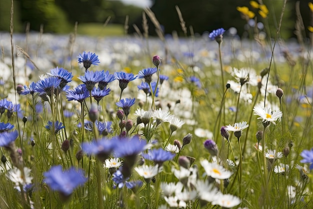 Prato di fiordaliso in piena fioritura con fiori di camomilla in primo piano