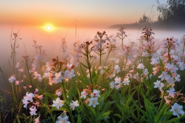 Prato di fiori bianchi nella nebbia mattutina