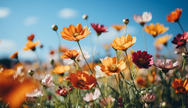 Prato di fiori colorati con raggi di sole e cielo blu e luci bokeh