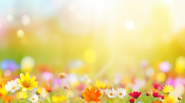 Prato di fiori colorati con raggi di sole e luce bokeh