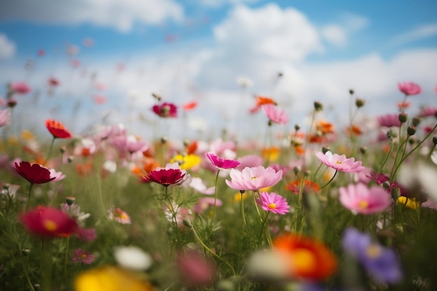 Prato di fiori colorati in primavera e bel cielo con alcune nuvole