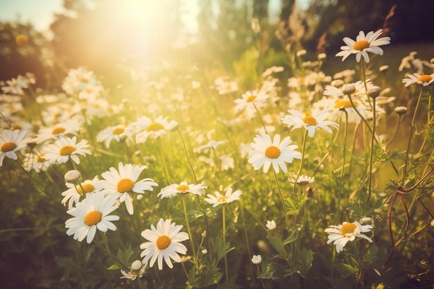 Prato di fiori con margherite alla luce del sole in primo piano sullo sfondo estivo generato da Ai