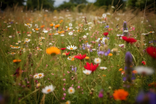 Prato di fiori selvatici Campi infiniti di fiori selvatici Api ronzanti Farfalle svolazzanti IA generativa