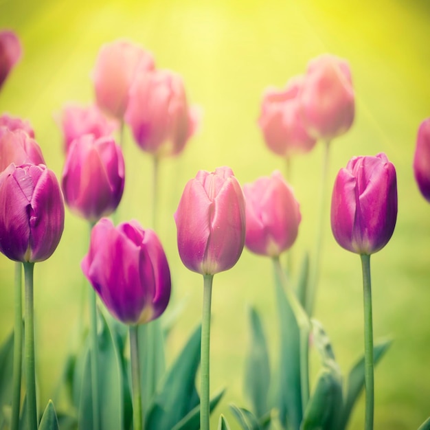 Prato di primavera con fiori di tulipano viola floreale sfondo soleggiato