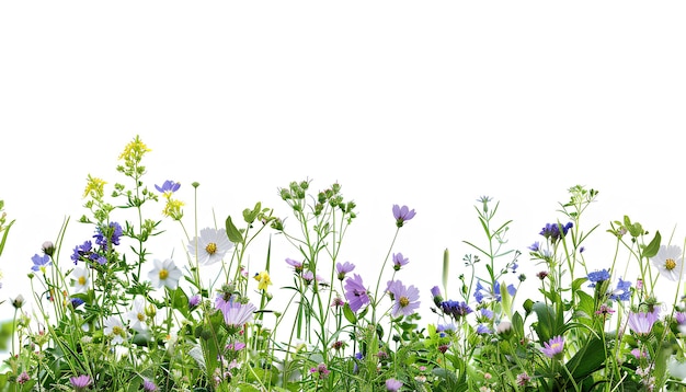 prato di primavera fresco e fiori modello isolato su sfondo bianco area di copyspace semorizzontale