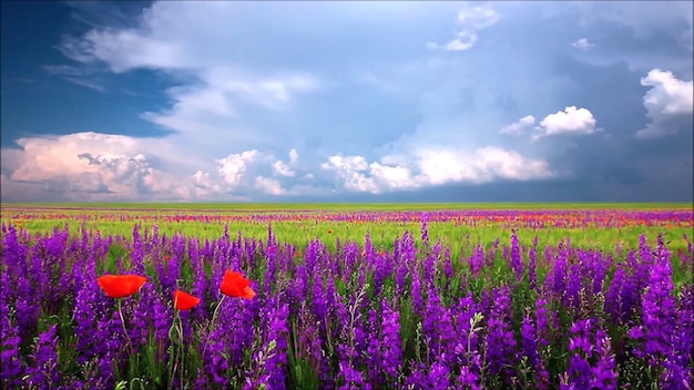 Prato di primavera su sfondo azzurro del cielo