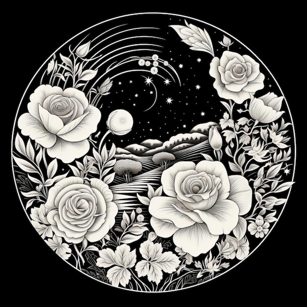 Prato di rose romantiche Un'icona art deco in bianco e nero con un tocco di spirale di Fibonacci