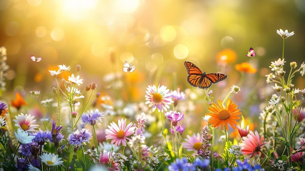 Prato estivo con fiori in fiore erbe e farfalle generate dall'AI