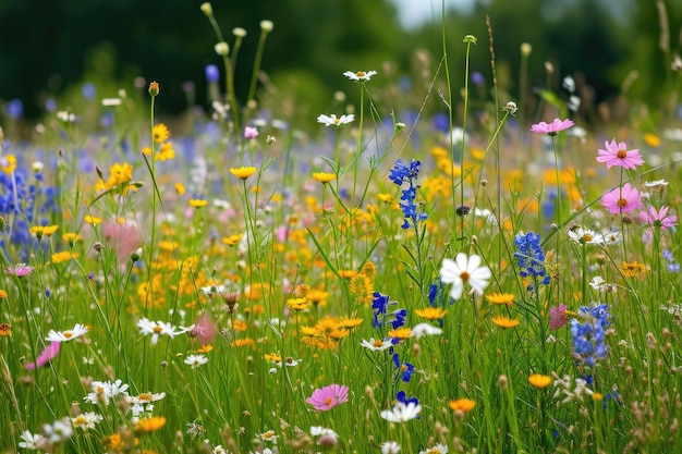 Prato estivo di fiori selvatici Fiori estivi colorati che fioriscono nell'erba verde