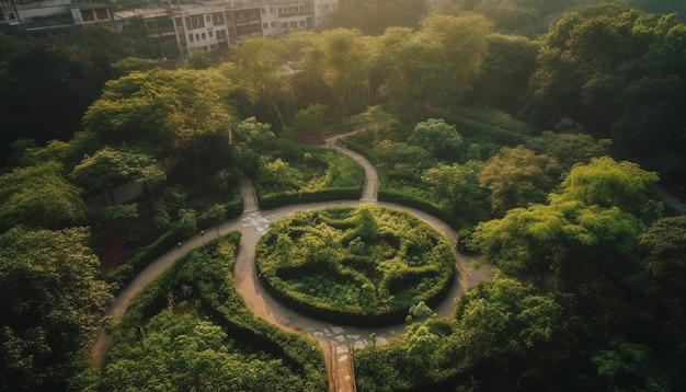 Prato idilliaco al tramonto con fogliame verde e ponte artificiale generato dall'intelligenza artificiale