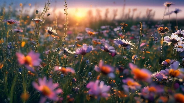 prato infinito di fiori selvatici nella rugiada del primo mattino all'alba