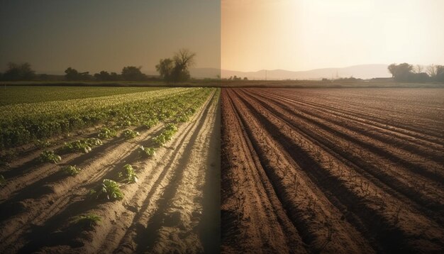 Prato maturo raccolto di grano biologico sotto il tramonto generato da AI