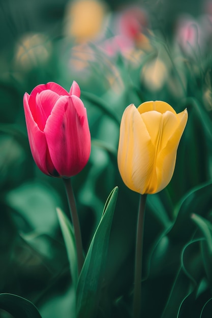 Prato primaverile con due fiori di tulipano gialli e rossi sfondo floreale stagionale di Pasqua