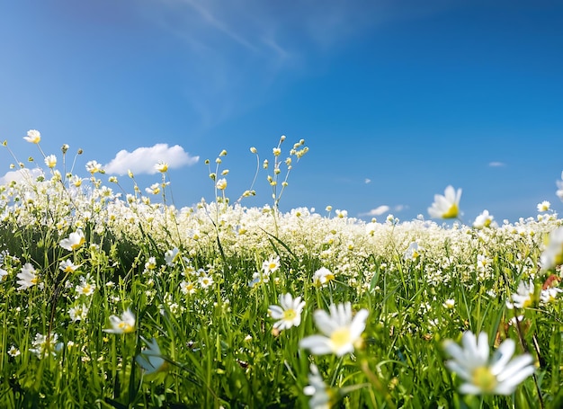 Prato primaverile con fiori bianchi e cielo blu