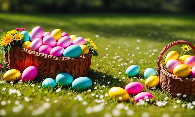 Prato primaverile di Pasqua con uova colorate in un cesto e fiori IA generativa