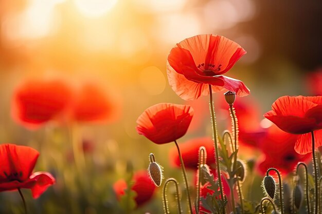 Prato romantico del campo di fiore del papavero rosso selvaggio