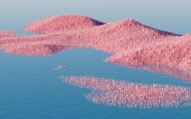 Prato rosa con rendering 3d dei laghi